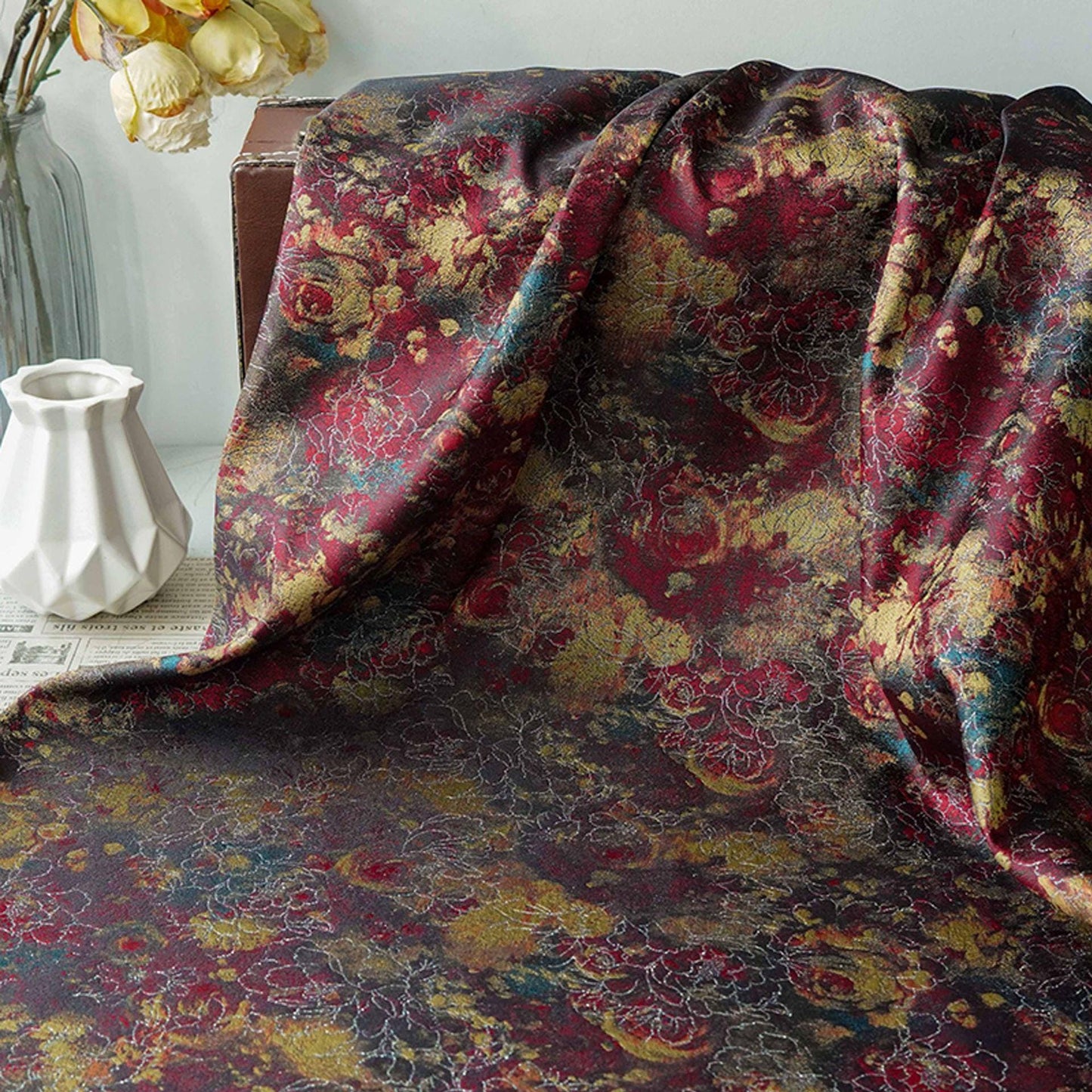 Tissu brocart jacquard à motif floral : tissu tissé de style chinois (60 pouces de large, au mètre)