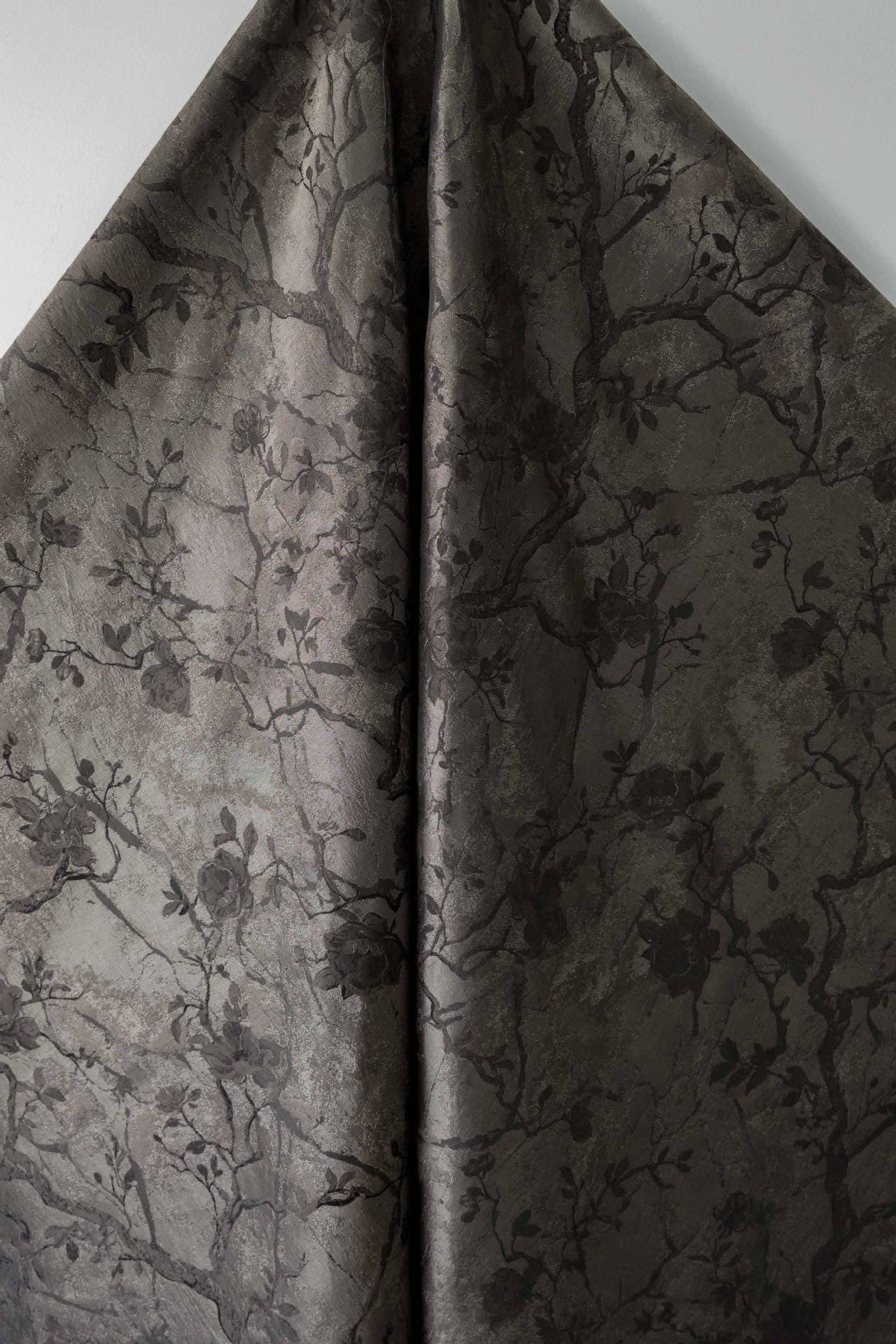 Ink Wash Floral Yarn-Dyed Fabric ��� Black Asian Botanical Quilting Fabric, Upholstery & Home Decor Textile,  62''W Designer