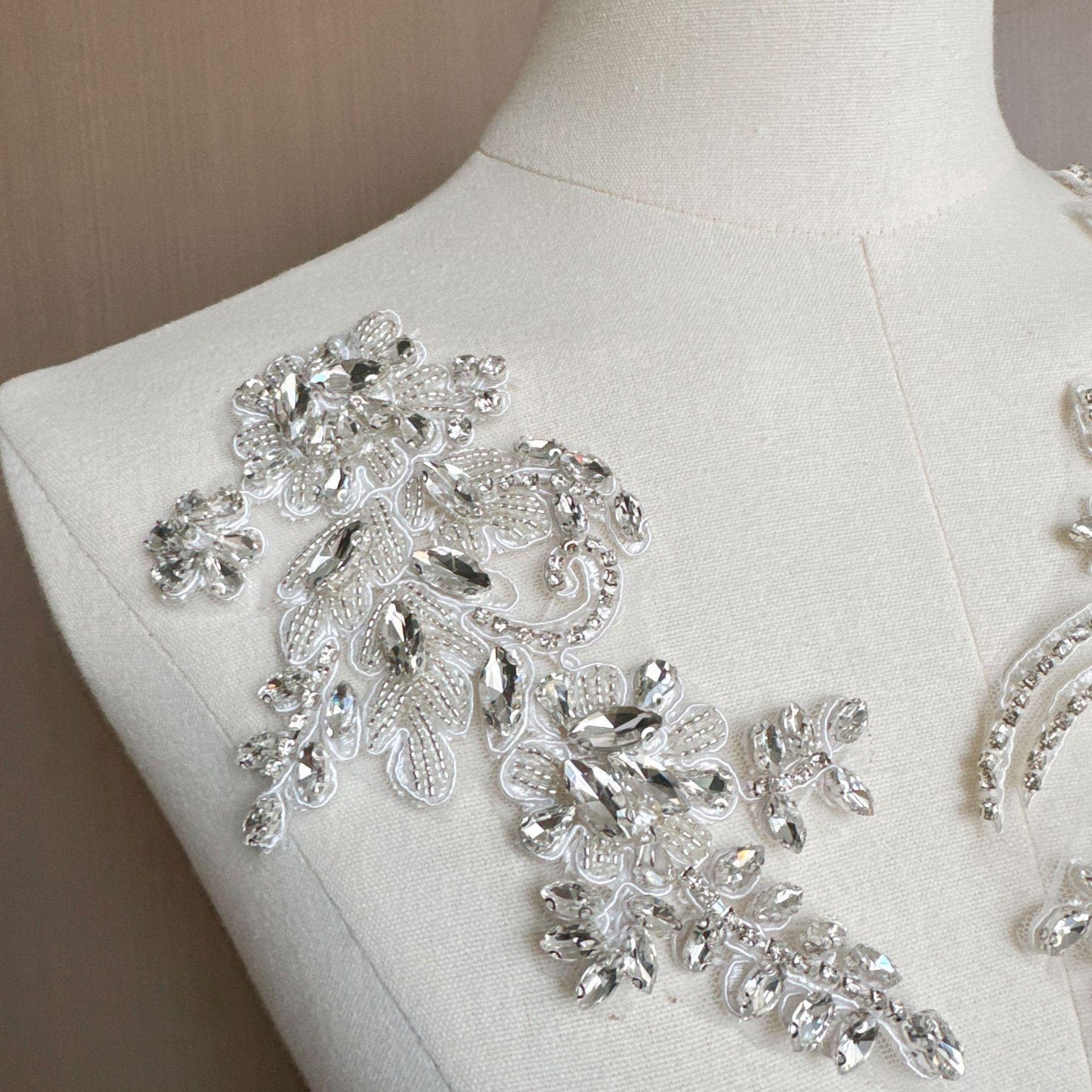 Embroidered Lace Trim with Rhinestones: Bridal Wedding Dress Applique