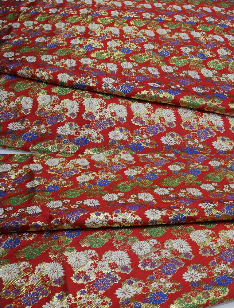Japanese Floral Brocade Fabric: Gold & Silver Woven Damask (By The Meter)