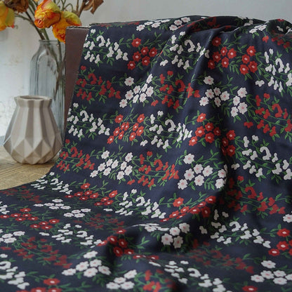 Dark Blue Floral Jacquard Fabric: Reversible Embossed Weave, 57"W