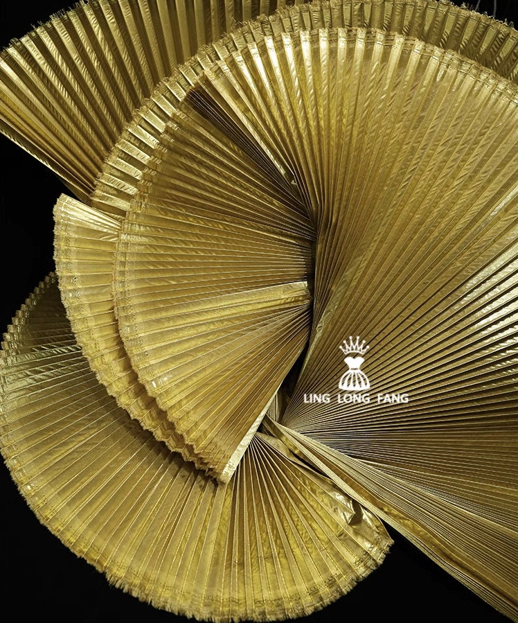 Metallic Gold Pleated Hard Yarn Fabric: 62" Wide Designer Material