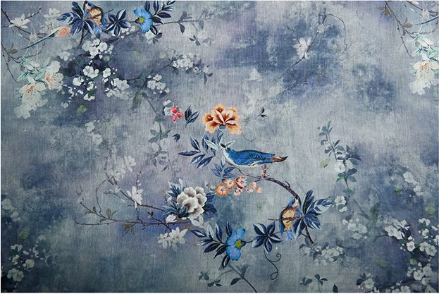 Floral Ramie Fabric: Birds and Flowers Print, 55" Wide, Sewing & Upholstery