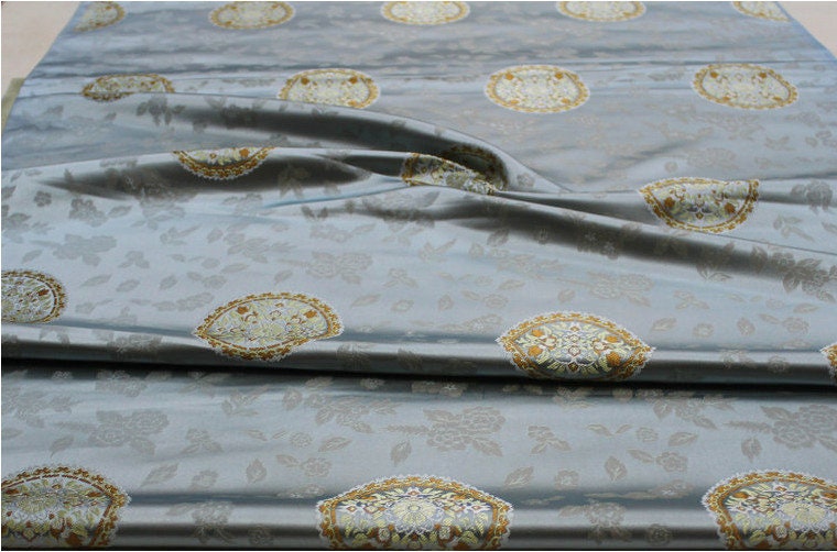 Tissu brocart de soie : style sino-mongol, bleu sarcelle et or (au mètre)