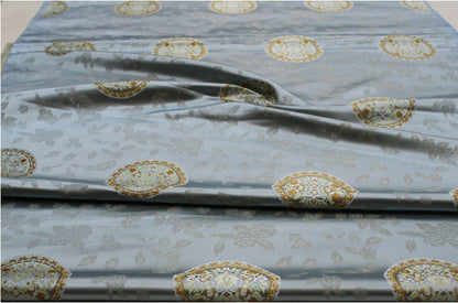 Tissu brocart de soie : style sino-mongol, bleu sarcelle et or (au mètre)