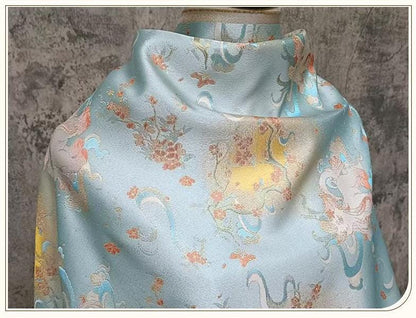 Color���Woven Jacquard Brocade Fabric with Gold Thread ��� Auspicious White & Multicolor" Wide