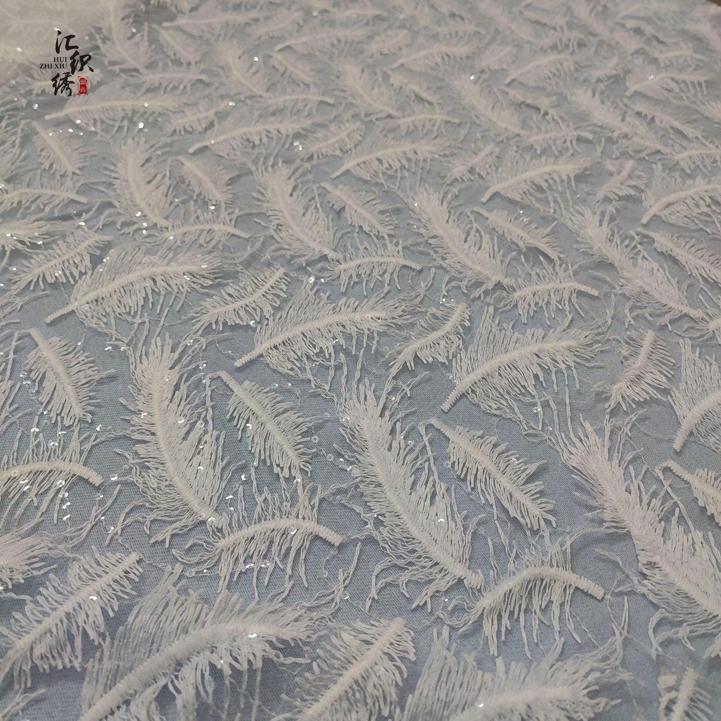 Feather Embroidery Lace Fabric: 3D Sequin Floral Applique, 50"W