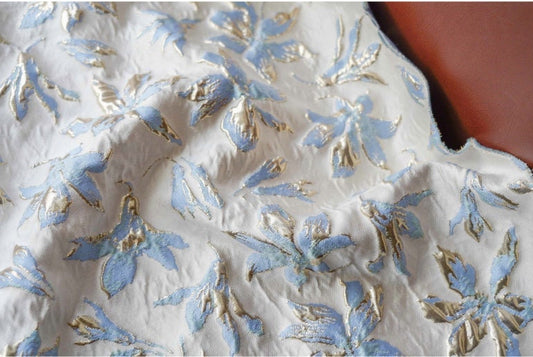 Light Blue & Gold Floral Jacquard Fabric: 3D Texture, 56" Wide