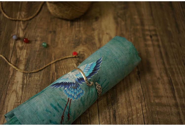 Jade Green Ramie Fabric: Crane Print, Soft Home Textile, 55"W