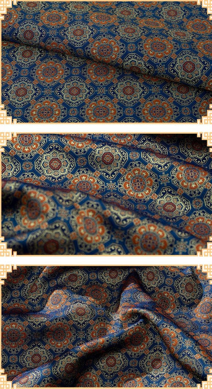 Tissu brocart Chant Bleu : Mélange de soie et rayonne Totem Japonais (59"L)