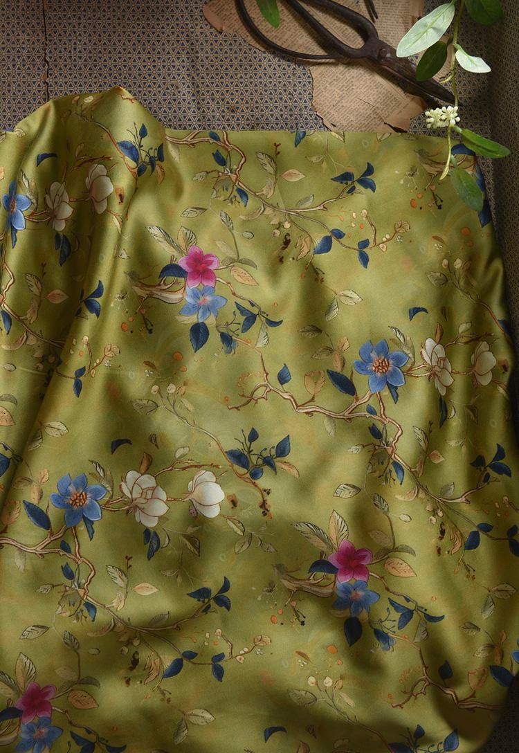 Floral Cotton Fabric: Green Ancient Ink Painting, 55"W