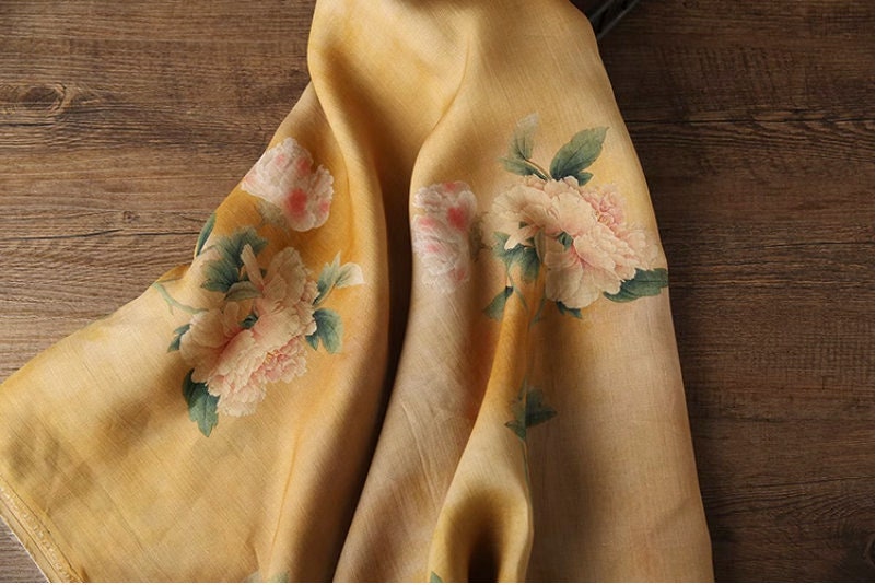 Floral Ramie Fabric: Dunhuang Ink Painting, Natural Fiber (57"W)