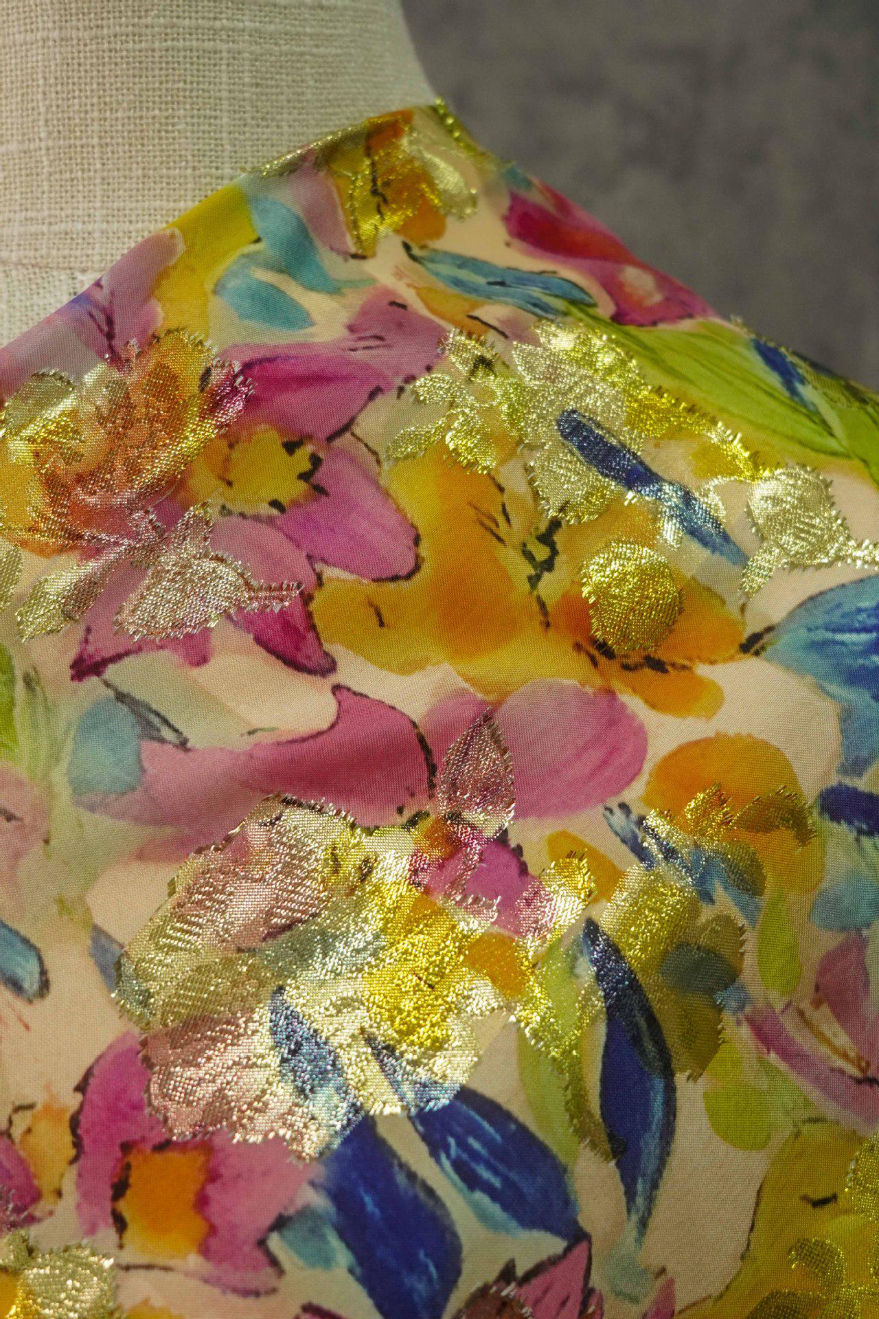 Floral Jacquard Woven Fabric: 3D Gold Thread Embossed Texture, 57" Wide
