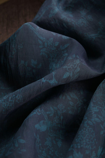 Dark Blue Floral Tencel Ramie Fabric: Sewing Material By Meter