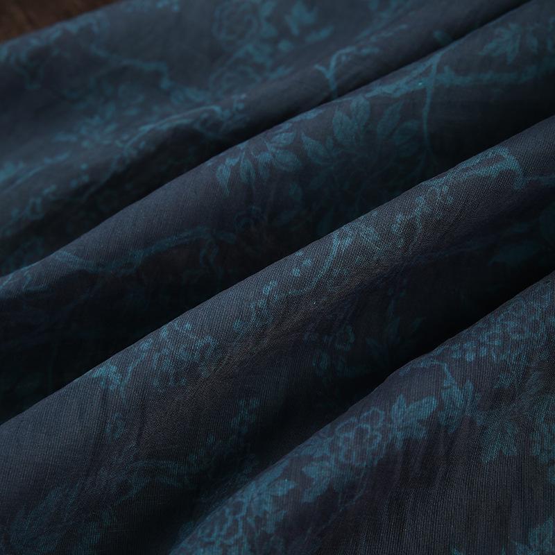 Dark Blue Floral Tencel Ramie Fabric: Sewing Material By Meter