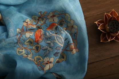 Floral Bird Print Ramie Fabric: Turquoise Ink, 57" Wide