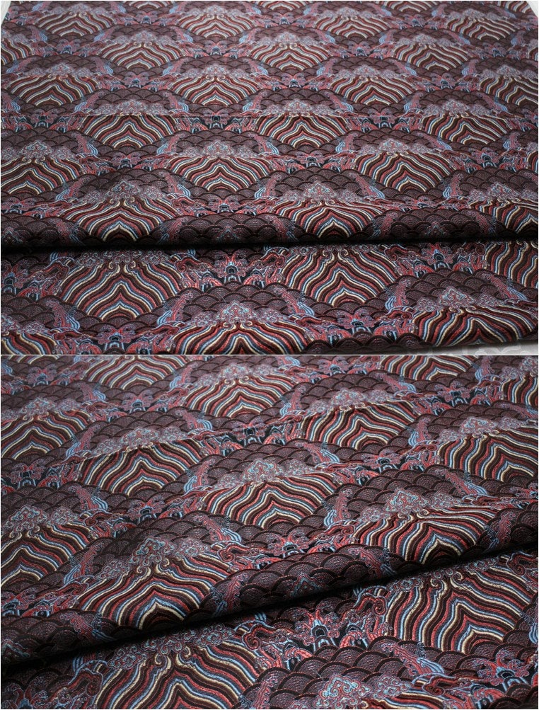 Tissu brocart de soie et rayonne à motif vagues océaniques : Jacquard traditionnel (29,5 po/75 cm)