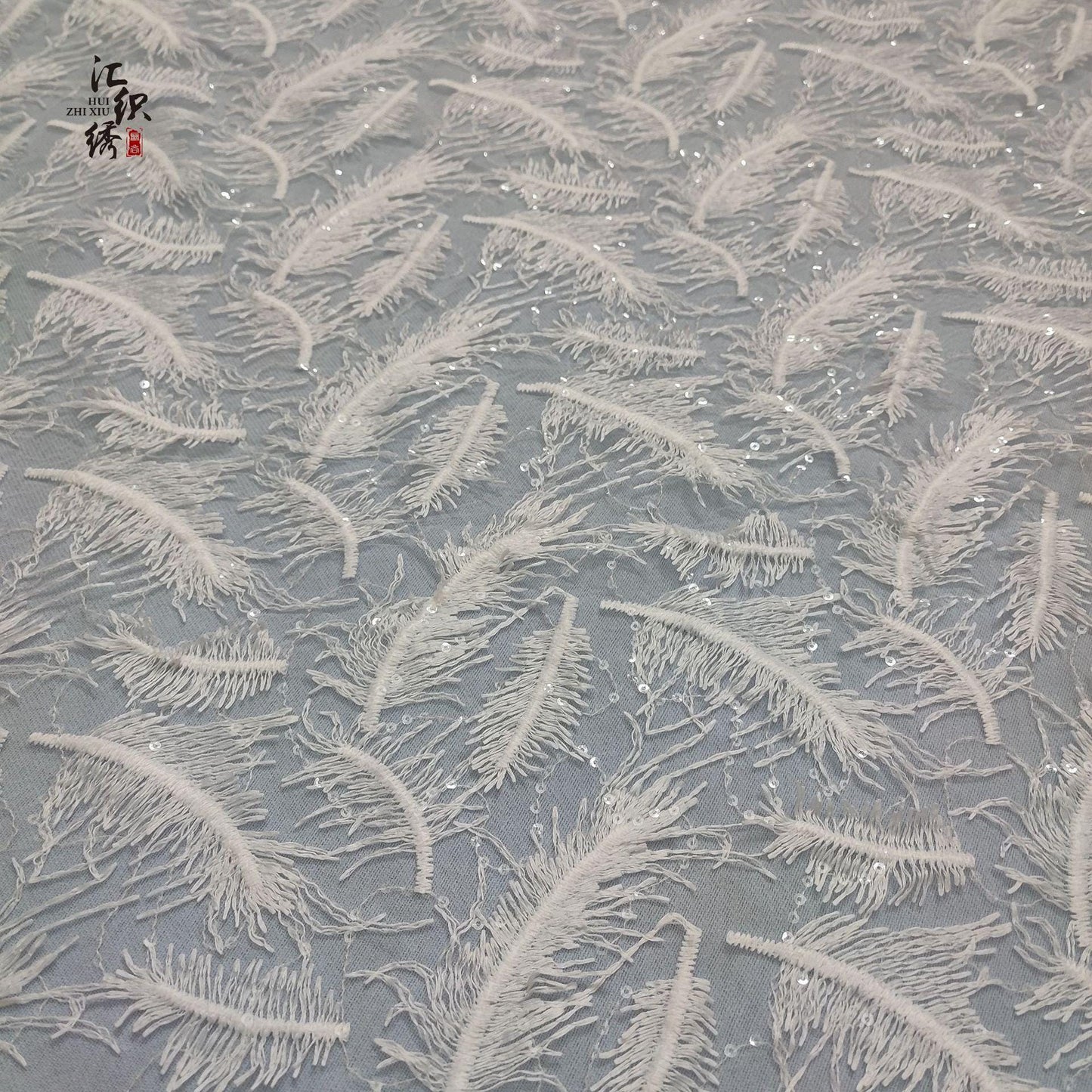 Feather Embroidery Lace Fabric: 3D Sequin Floral Applique, 50"W