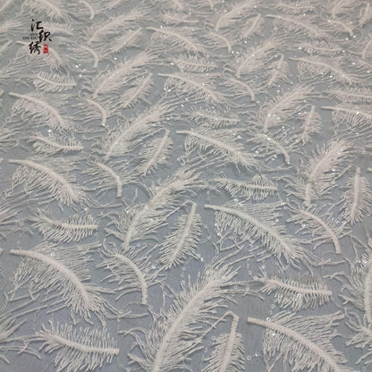 Feather Embroidery Lace Fabric: 3D Sequin Floral Applique, 50"W