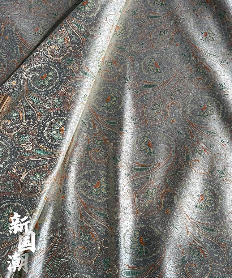 Floral Jacquard Rayon Fabric: Silver Green Cheongsam Qipao, 55"W