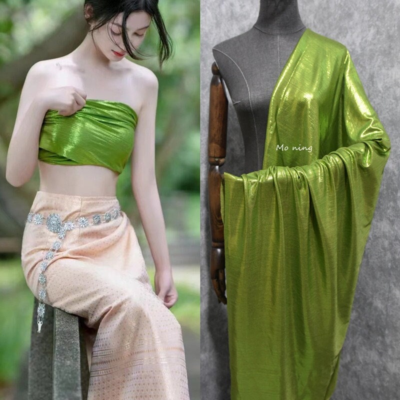 Apple Green Shiny Stretch Metal Fabric: 59" Wide, Stiff Texture
