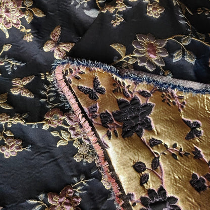 Gold Thread Jacquard Fabric: 3D Floral Butterfly Upholstery, 55"W