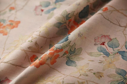Floral Ramie Fabric: Dunhuang Ink Print, Natural Fiber, 57" Wide