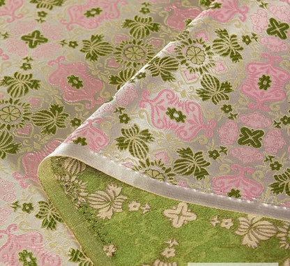 Floral Silk Brocade Fabric: 59"W Pink & Green Upholstery Material