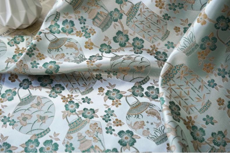 Jacquard Brocade Fabric: Chinese Floral Vase Design, 65" Wide