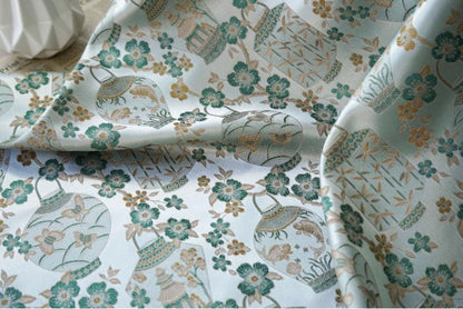 Jacquard Brocade Fabric: Chinese Floral Vase Design, 65" Wide