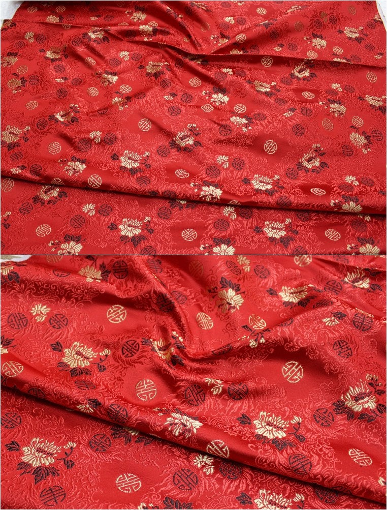 Tissu brocart chinois rouge et or | Motif Fu et Shou, 75 cm de large