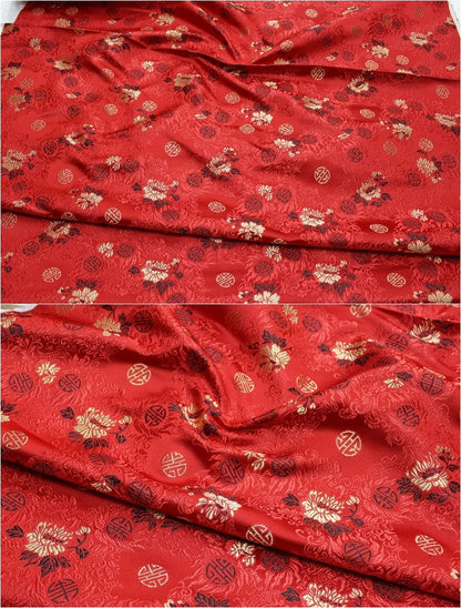 Tissu brocart chinois rouge et or | Motif Fu et Shou, 75 cm de large