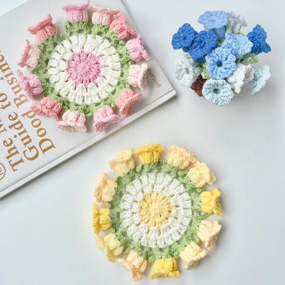 Kit de sous-verres roses au crochet à faire soi-même : Matériel pour la confection de fleurs artisanales