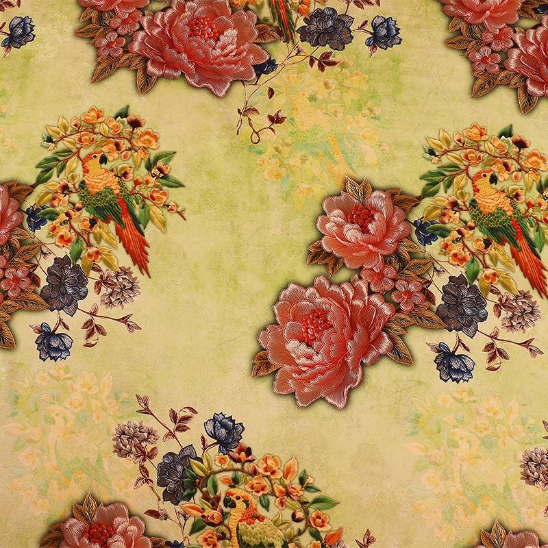 Peony Floral Rayon Silk Fabric: Chinese Print Dressmaking Material, 59" Wide