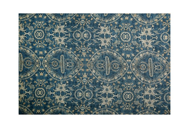 Blue Dunhuang Buddha Flower Ramie Fabric: 57"W Upholstery & Sewing