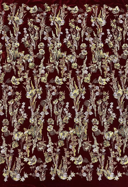 Tissu velours brodé à motifs floraux ���� Paillettes et perles" large