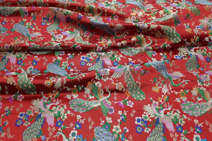 Peacock Floral Brocade Fabric: Chinese Silk Rayon Blend, 29"W
