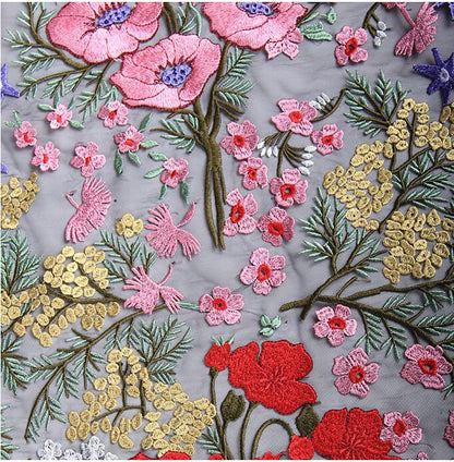 Floral Embroidered Lace Fabric: Pink, Red, Gold Flowers on Black Net (43"W)