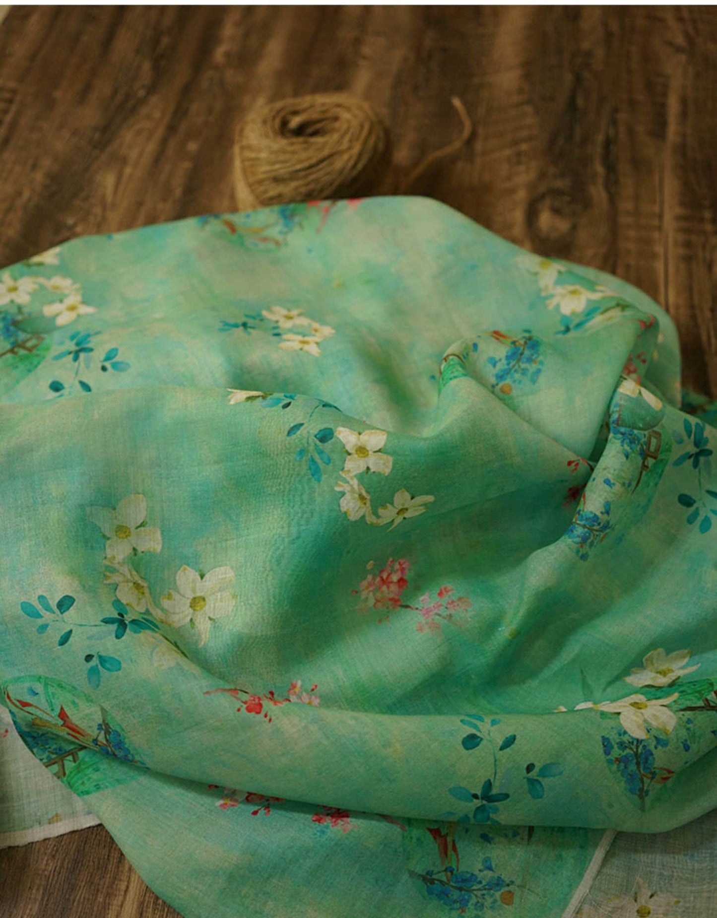 Floral Ramie Fabric: Jade Green Textile, 55" Wide