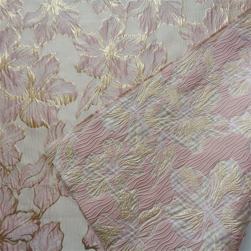 Gold Thread Floral Jacquard Fabric: 3D Embossed Woven Textile, 55"W