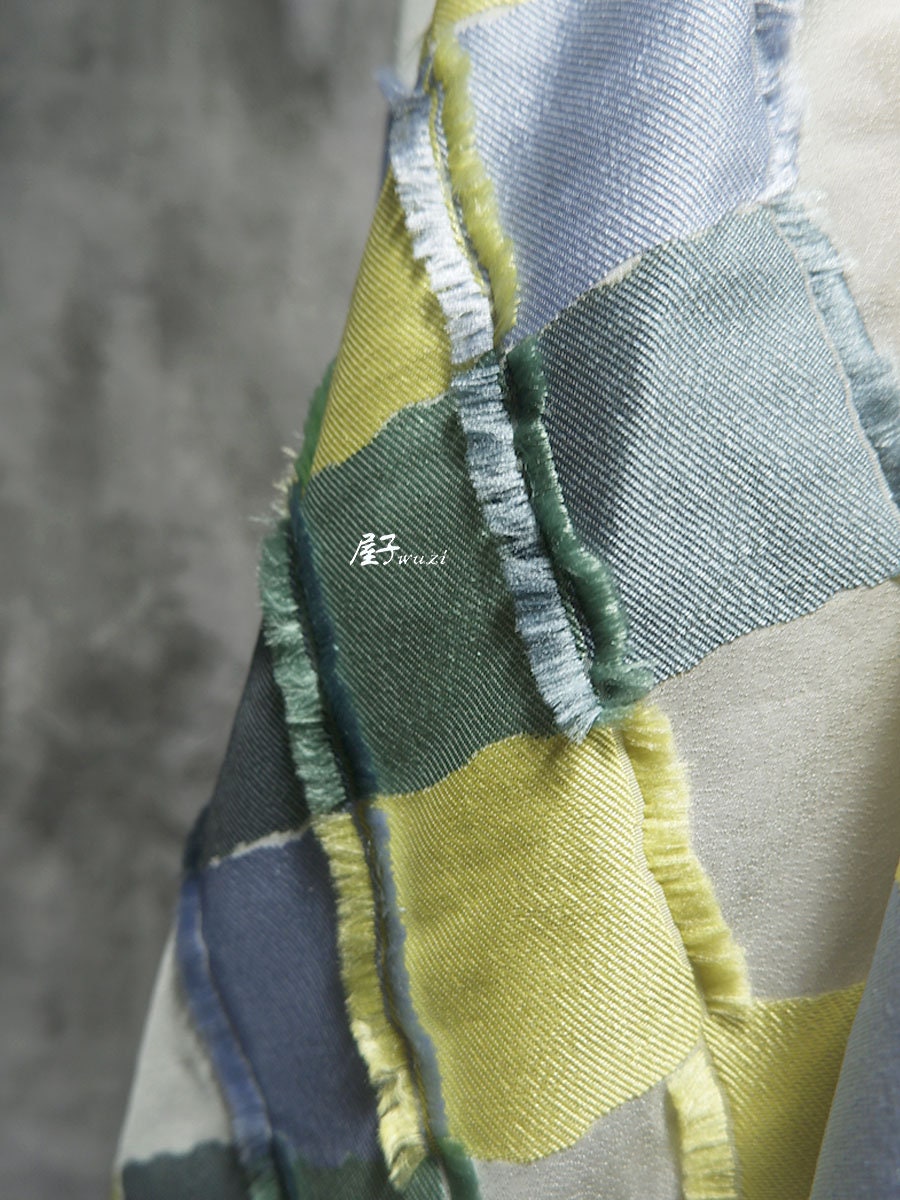 Plaid Patchwork Jacquard Fabric: Raw Edge Denim Style, 57" Wide