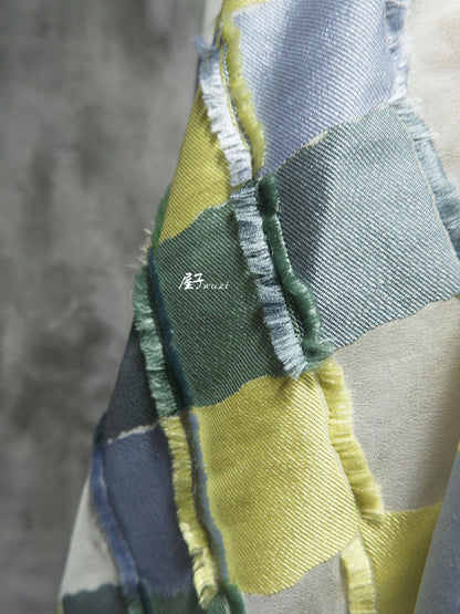 Plaid Patchwork Jacquard Fabric: Raw Edge Denim Style, 57" Wide