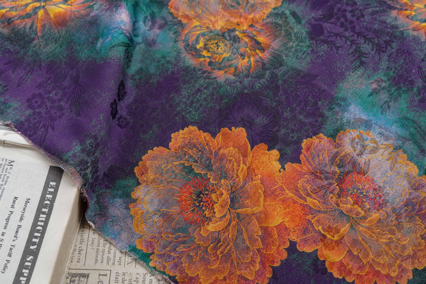 Floral Tea Silk Satin Fabric: Dark Green Upholstery, Costume, Drapery (59"W)
