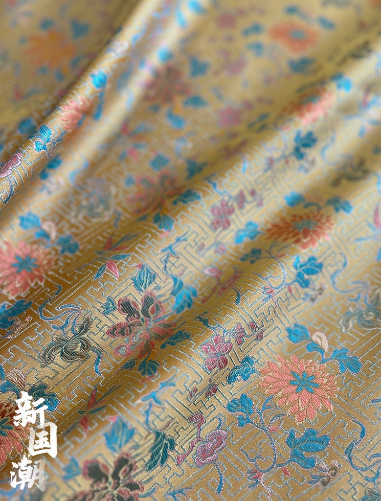 Lotus Flower Silk Brocade Fabric: 57"W Chinese Sewing Material