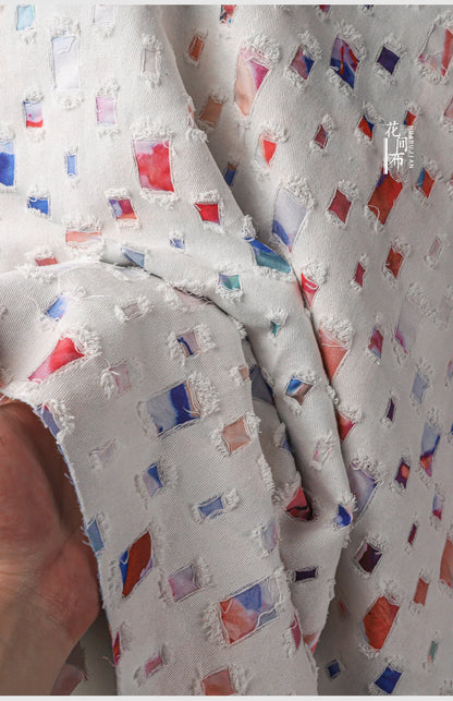 Tissu denim à armure jacquard : coton à motif quadrillé 3D, largeur 140 cm
