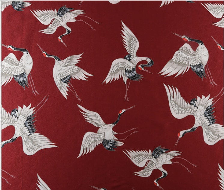 Crane Print Satin Rayon Fabric: Soft Bridal Fabric By The Meter