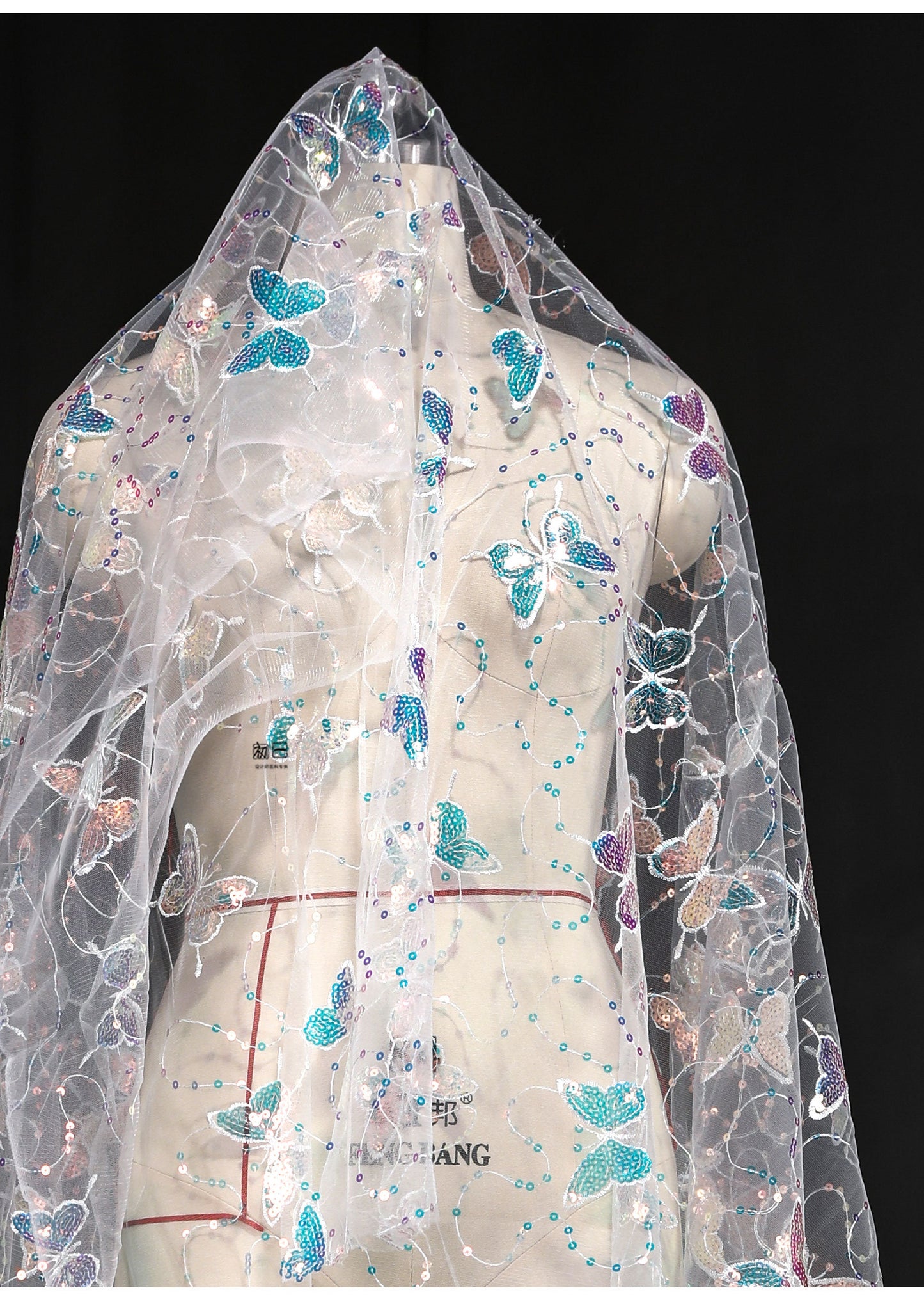 Butterfly Sequin Embroidered Mesh Fabric, See-Through Designer Fabric