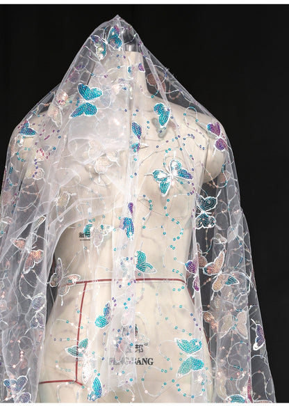 Butterfly Sequin Embroidered Mesh Fabric, See-Through Designer Fabric