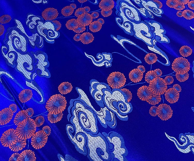 Royal Blue Cloud Brocade Fabric: Silk Rayon Jacquard, 29.5" Wide