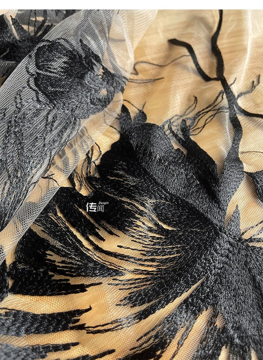 Black 3D Flower Embroidery Lace Fabric - Bridal Wedding Dress, Costume - 57"W